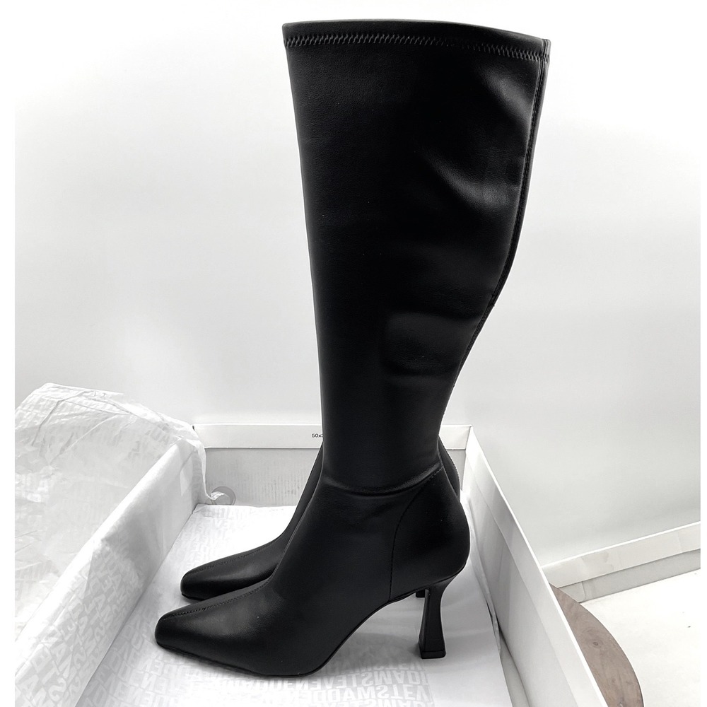 Steve Madden Flute Black Square Toe Knee High Flared Kitten Heel Boots FLUT08S1